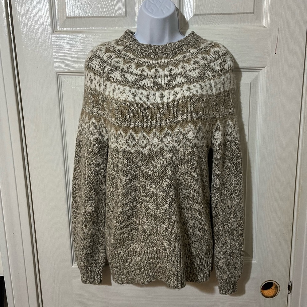 LOFT Women’s Cream and Brown Crewneck Sweater